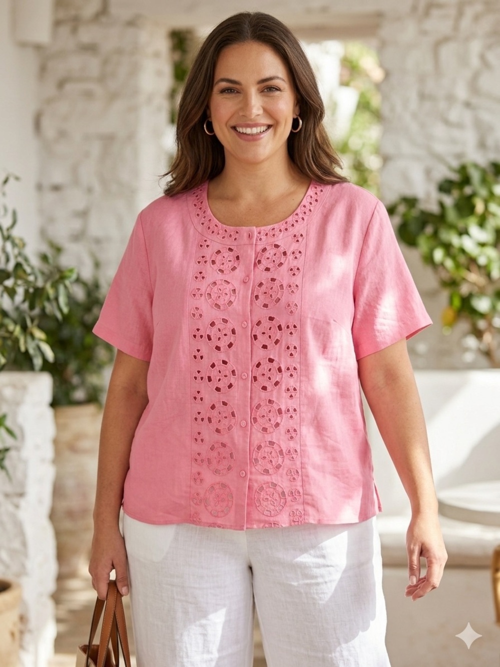Rene Margo Pink Linen Blend Eyelet Cutout Top Button Front Blouse Women 3X Plus